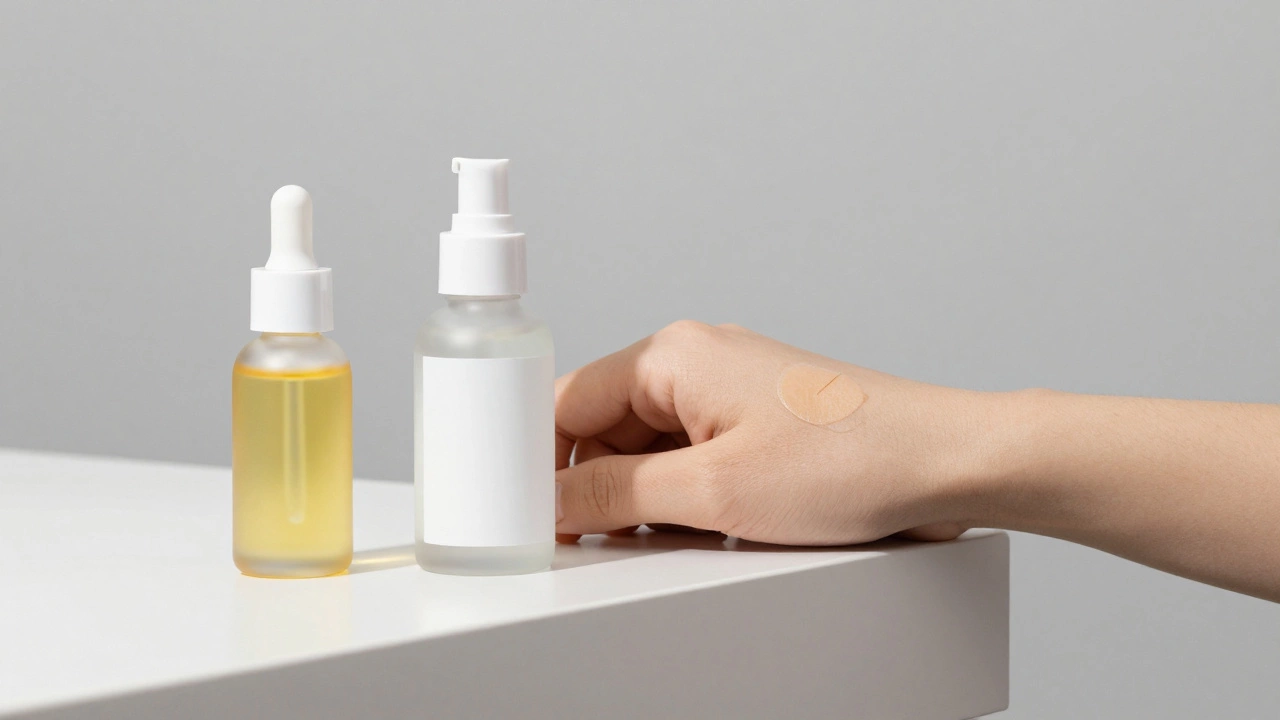 A mix of organic and clinical skincare products on a vanity with a patch test area