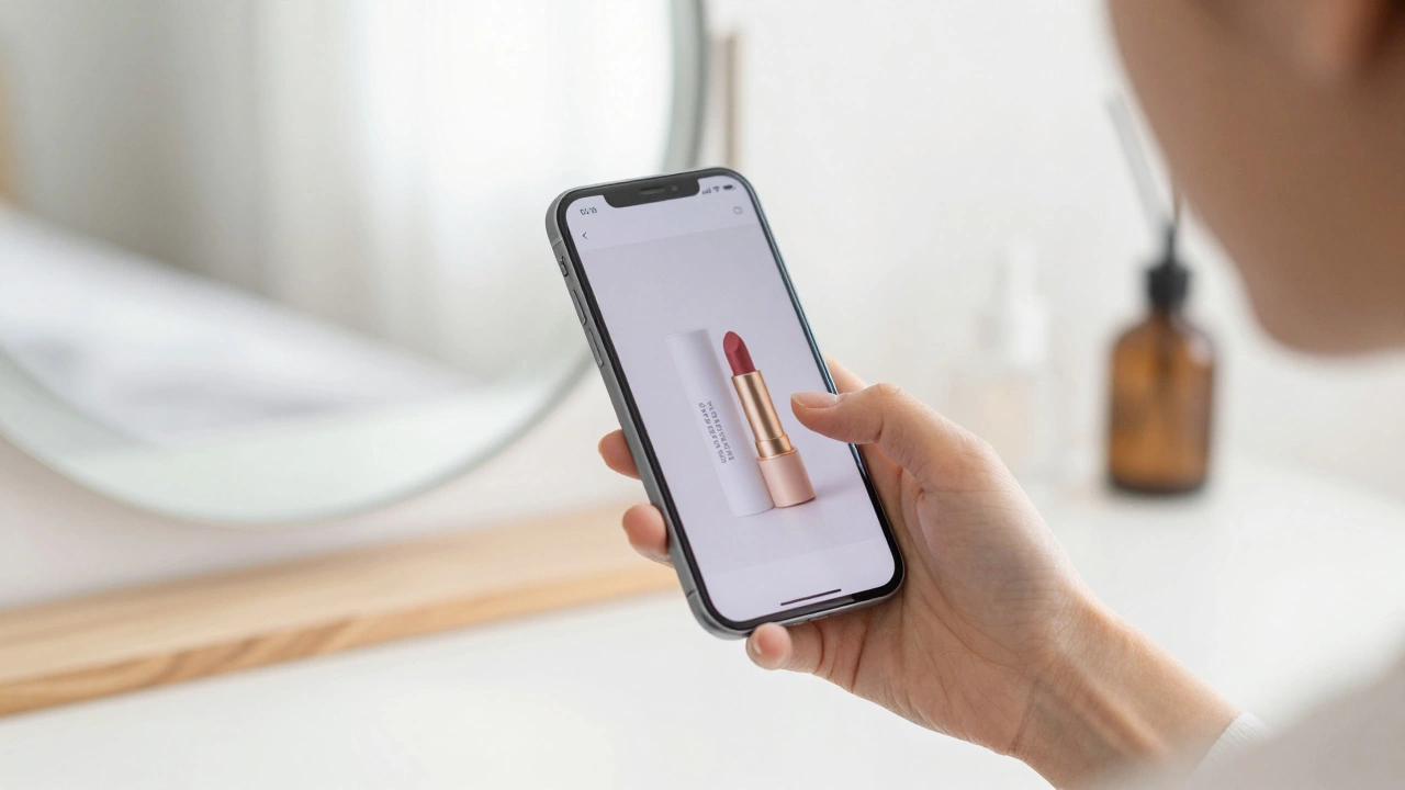 A person comparing a lipstick label to a cruelty-free app on a smartphone