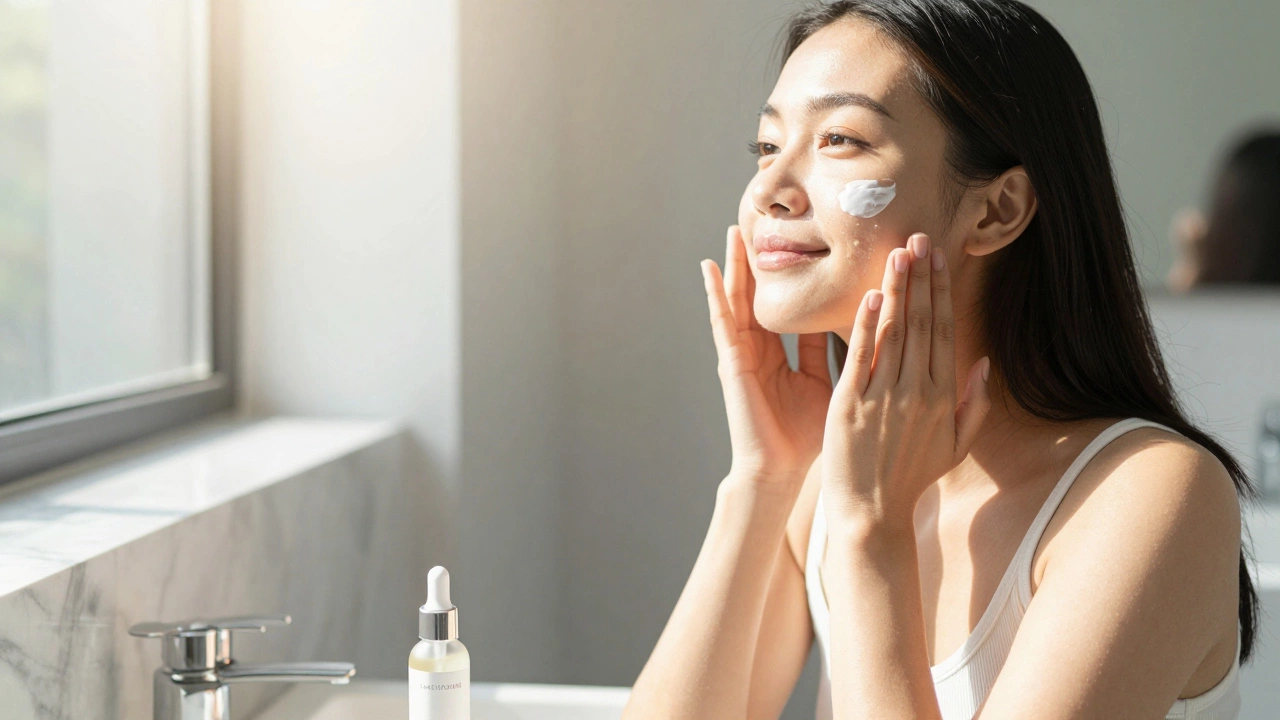 A woman applying sunscreen to her face as part of a preventive anti-aging skincare routine.