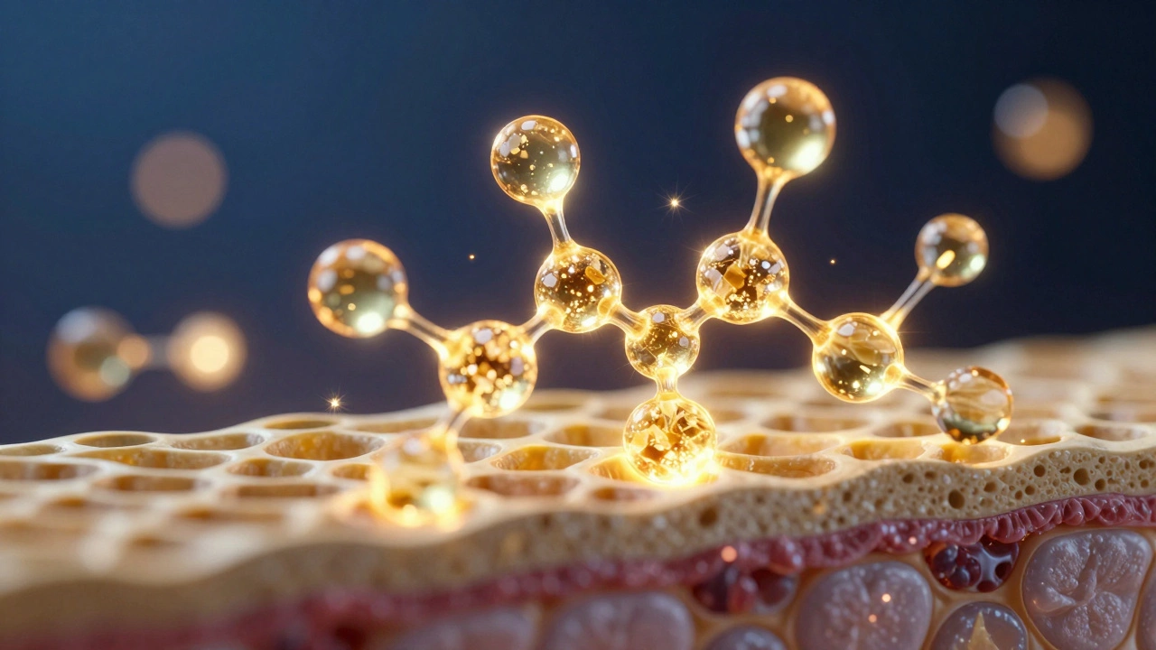 Abstract 3D visualization of collagen fibers being repaired by vitamins.