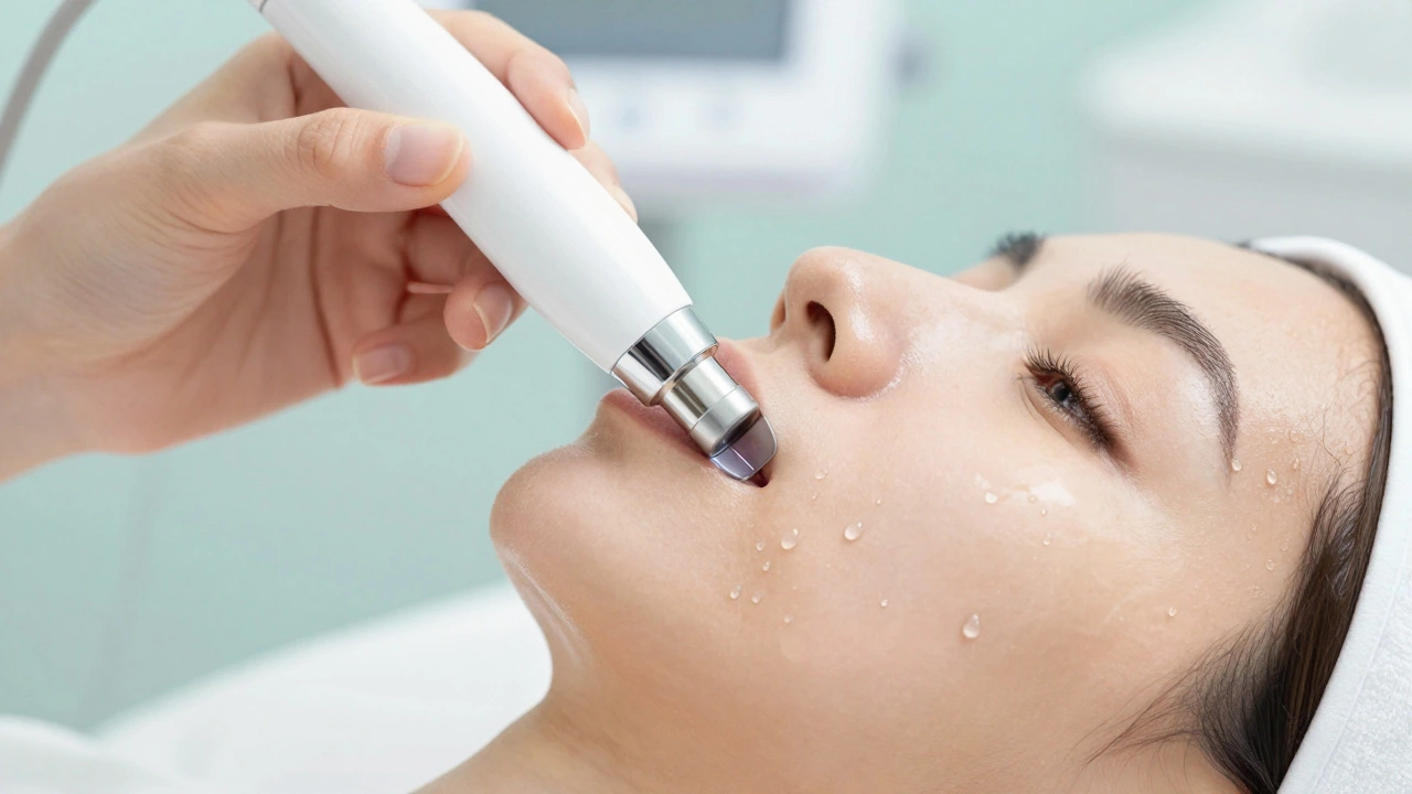 Close-up of a professional HydraFacial treatment applying serum to mature skin