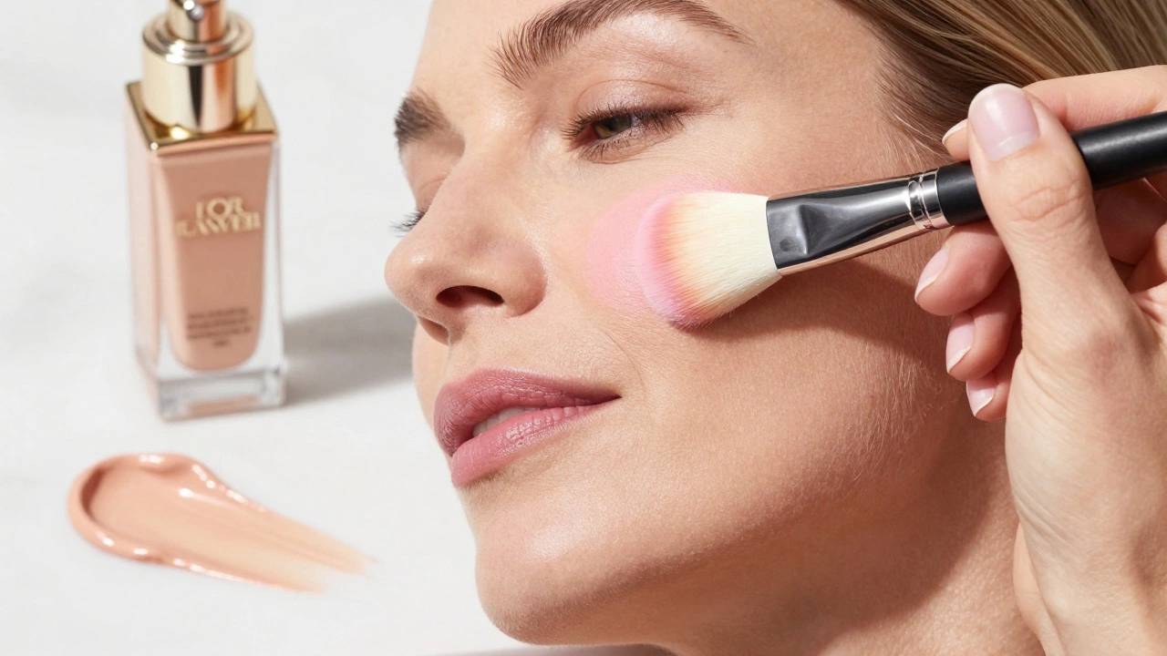 Close-up of cream blush being applied to a high cheekbone for a lifting effect.
