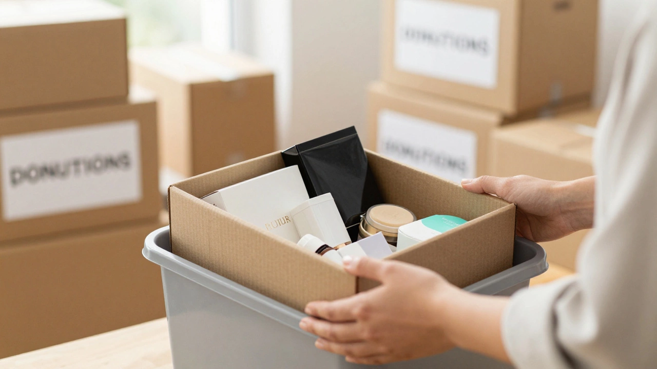 Hands placing a box of unopened beauty products into a charity donation bin.