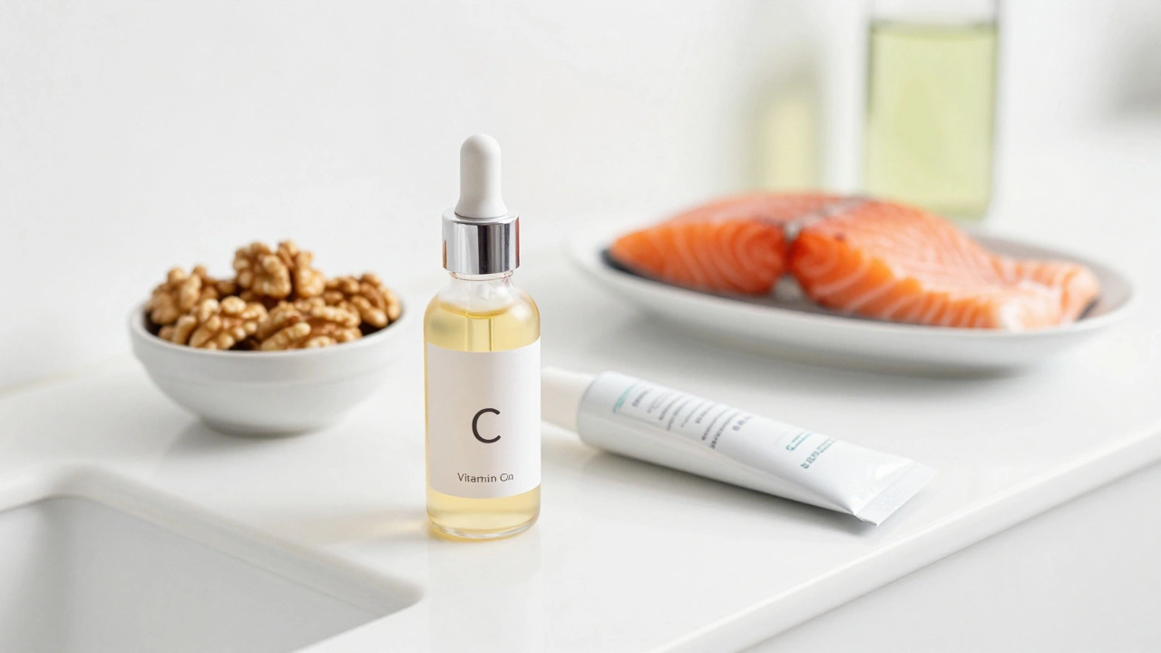Skincare serums and nutrient-rich foods like salmon and walnuts on a white counter.