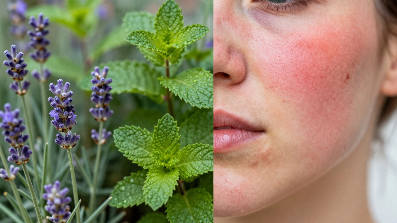 Split image showing beautiful botanical plants and a skin reaction with red patches