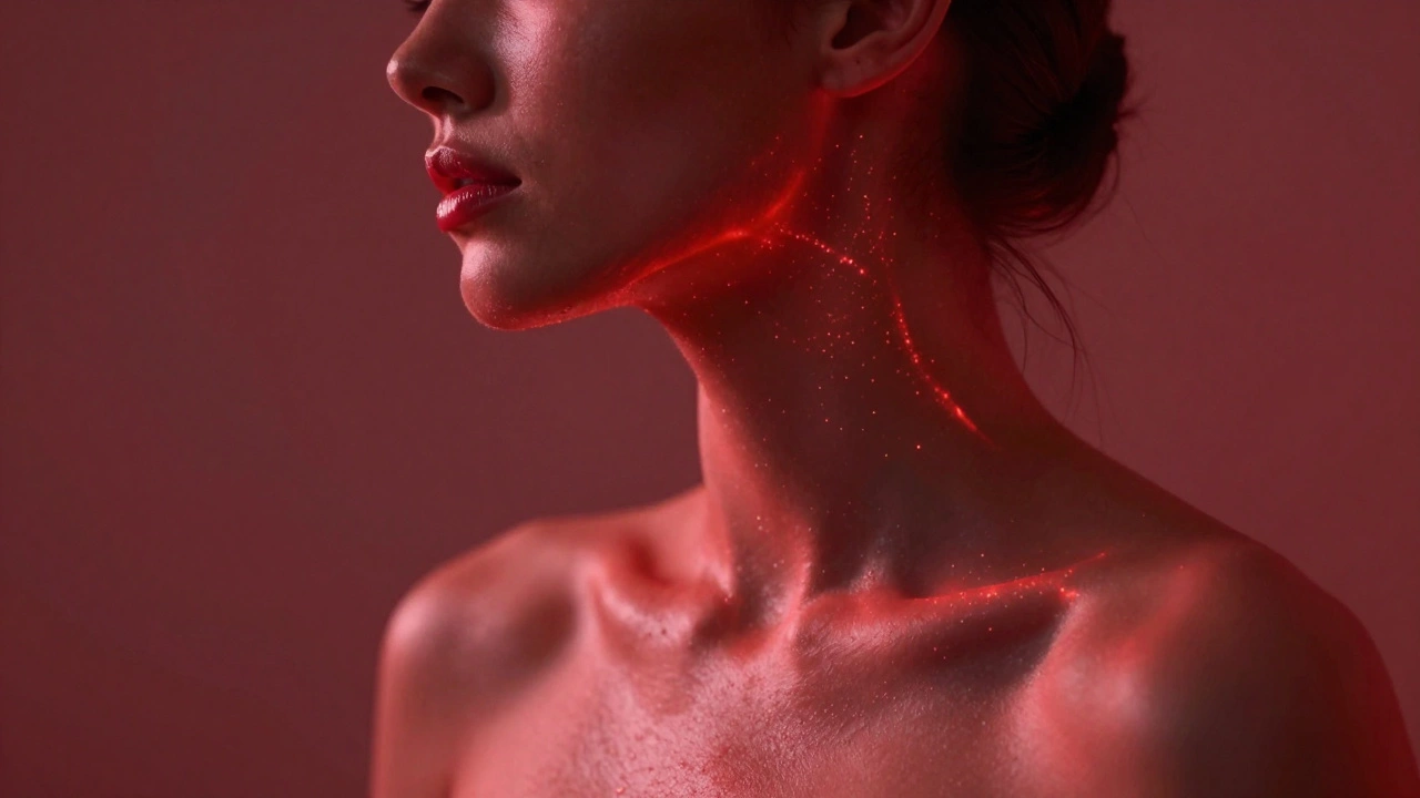 Woman's profile glowing under red LED light therapy for skin rejuvenation