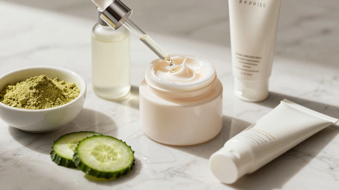Close up of serum, moisturizer, and sunscreen on marble surface