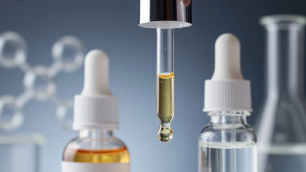 Close up of viscous professional serum vs watery OTC liquid showing potency difference