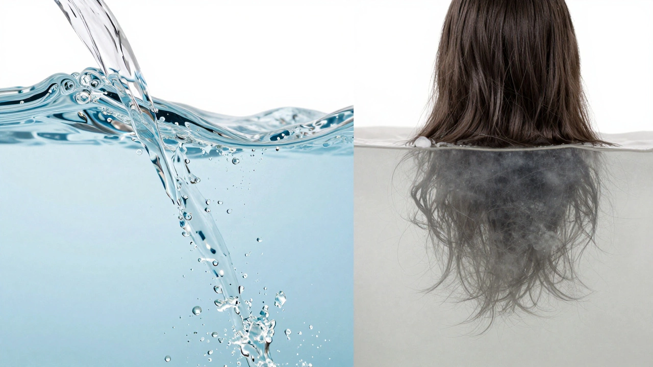 Comparison of shiny hair under clean water versus dull hair affected by minerals.