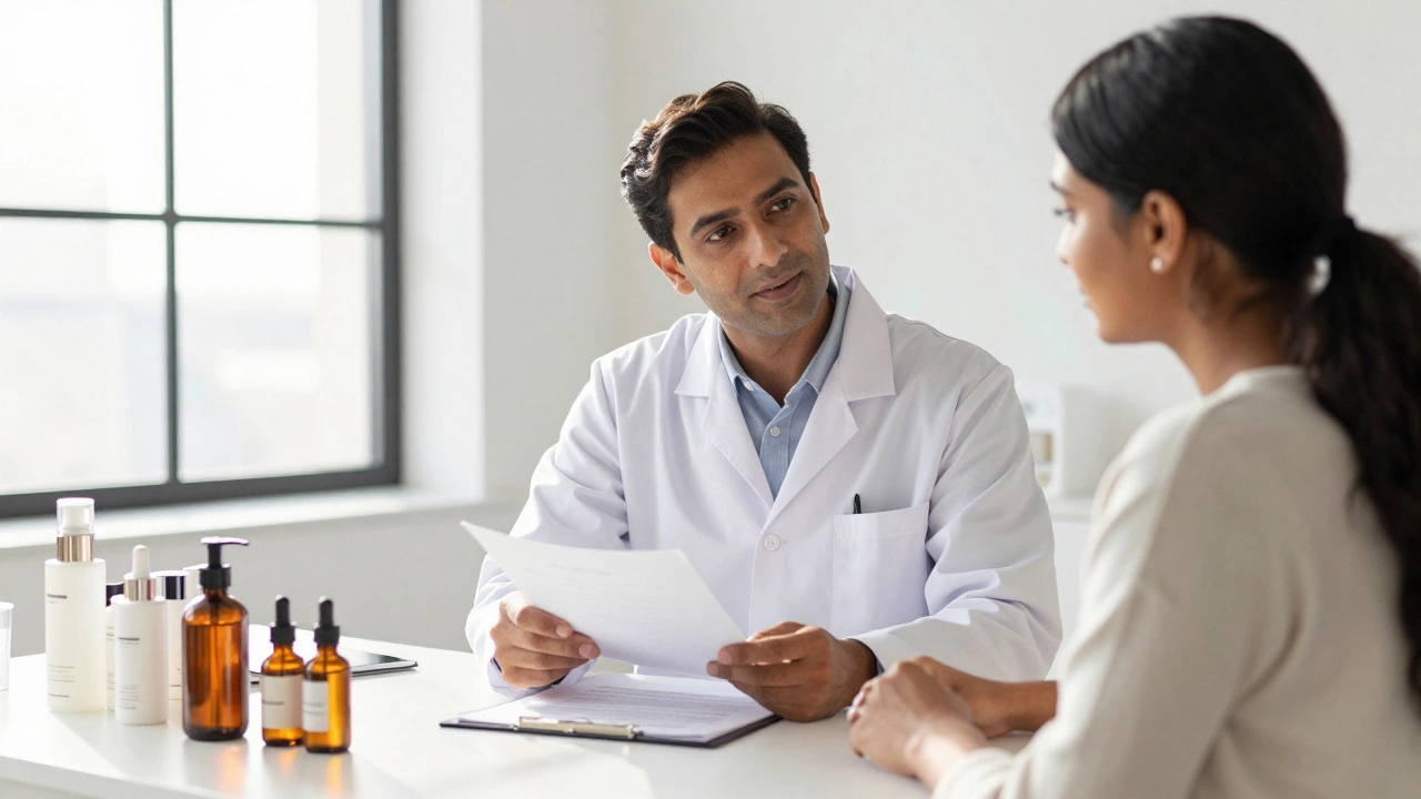 Dermatologist consulting with client in a bright, modern med-spa setting