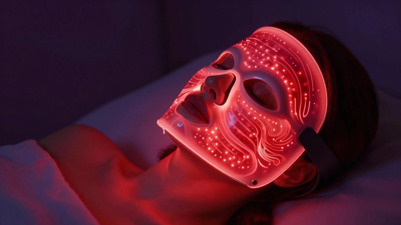 Face illuminated by red LED light therapy for skin rejuvenation