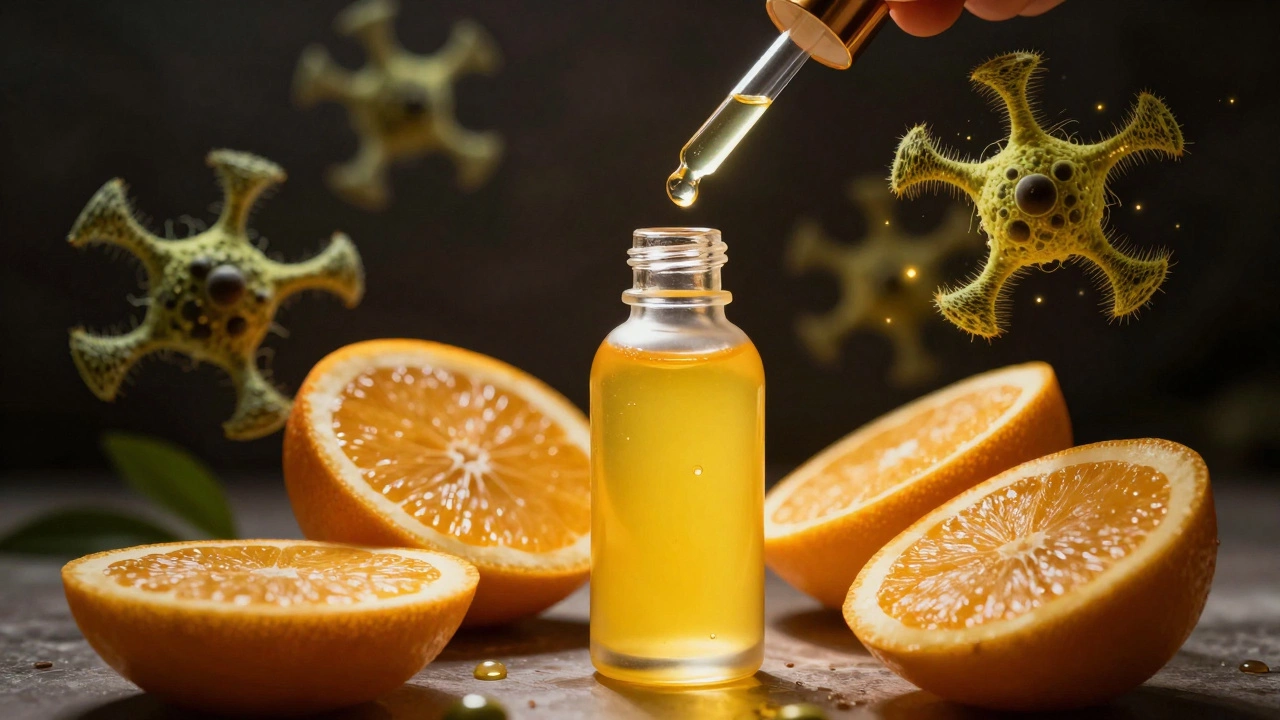 Golden Vitamin C serum droplet surrounded by antioxidants