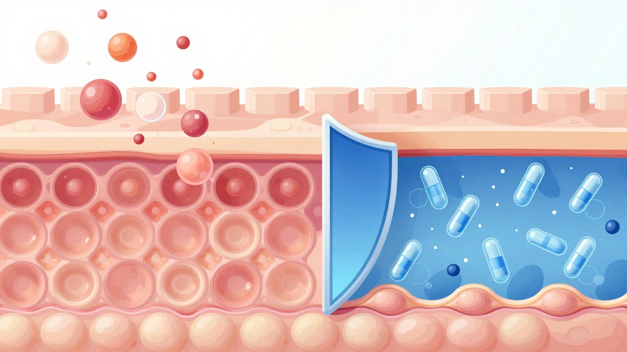 Illustration of active ingredients penetrating skin barrier vs bouncing off surface