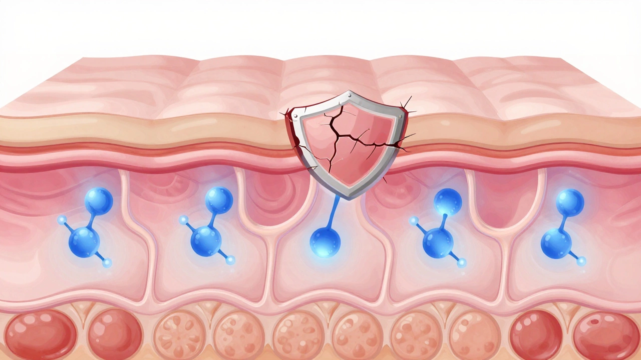 Illustration showing skin layers with active ingredients penetrating deep dermis