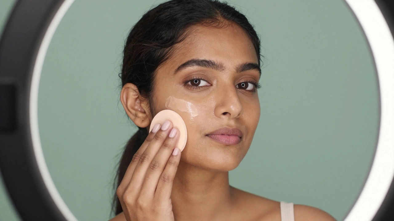 Indian woman applying primer with sponge in studio setting