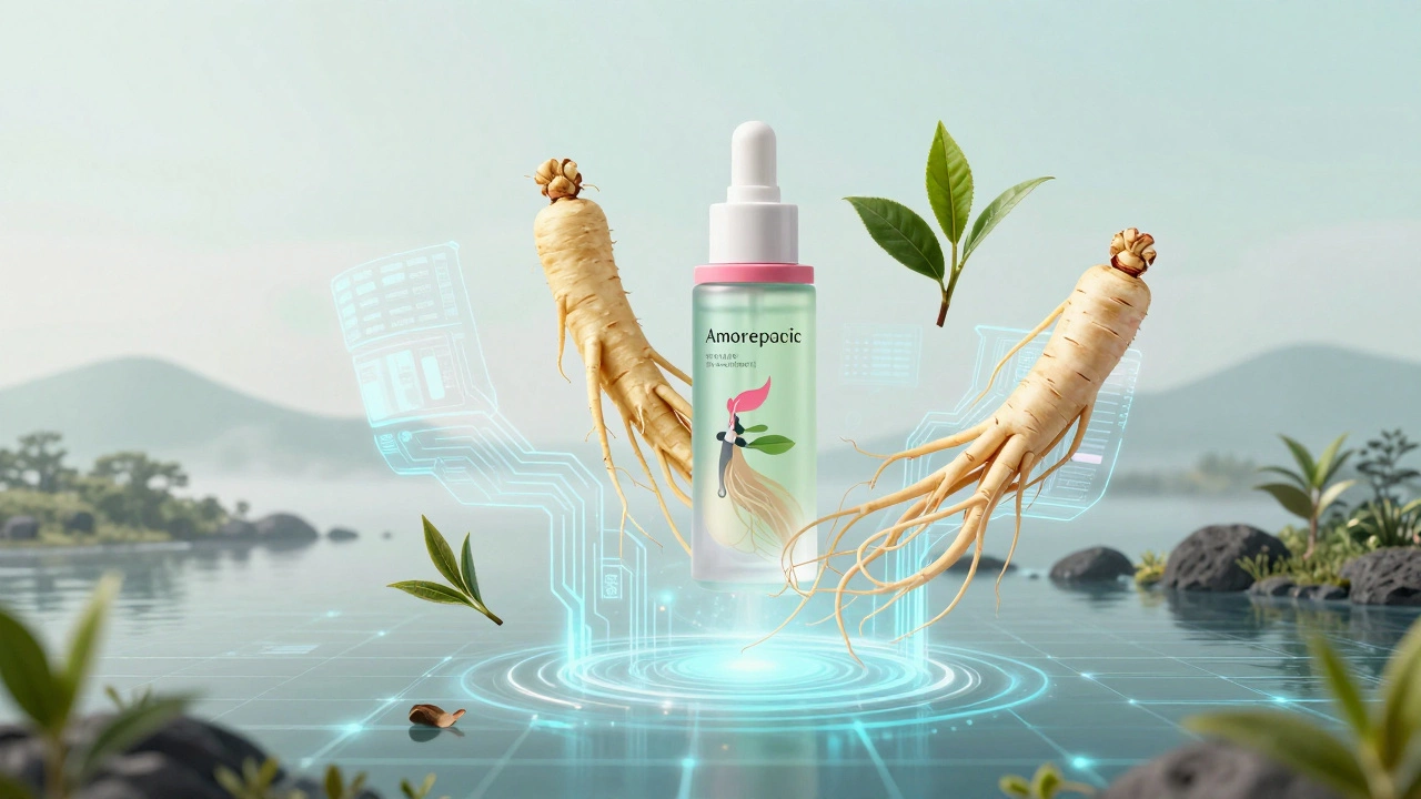Korean herbs merging with digital tech symbols for K-beauty innovation