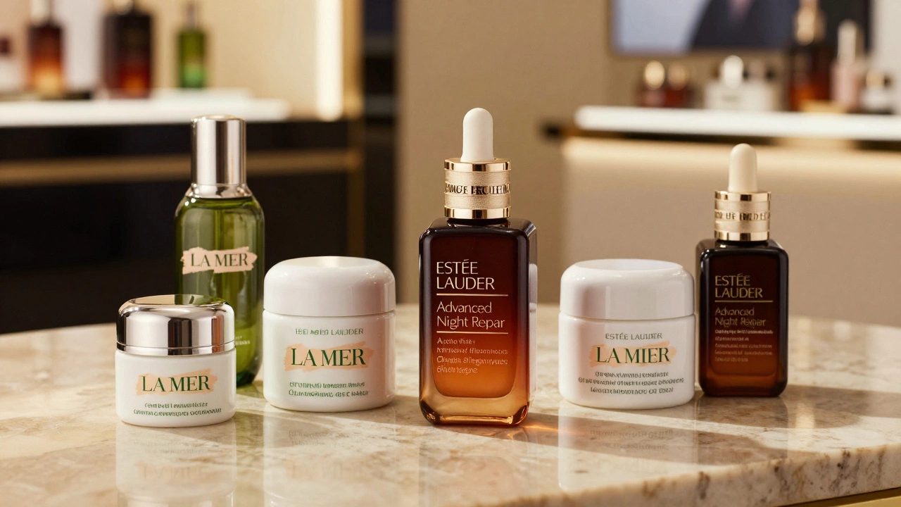 Luxury skincare bottles arranged on marble with warm golden lighting