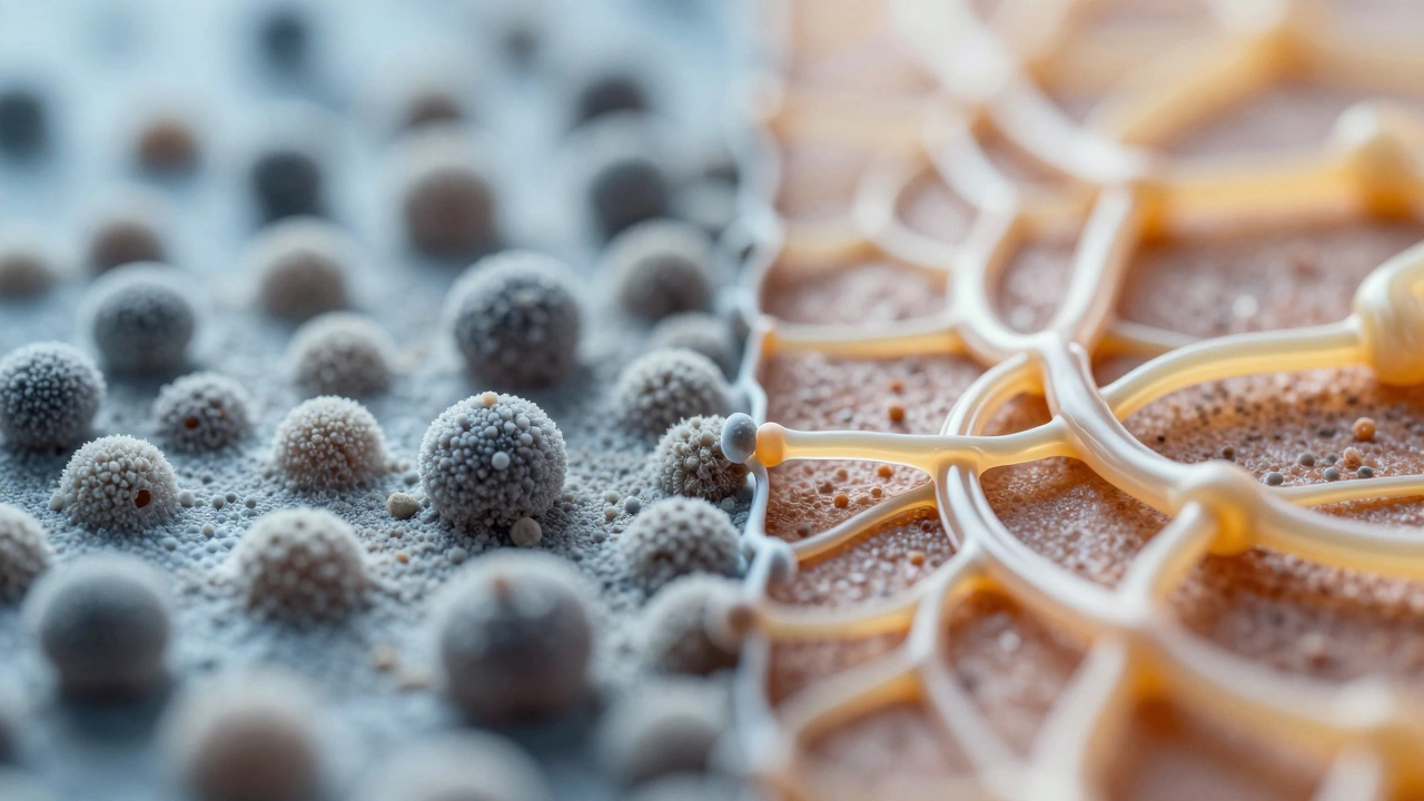 Macro view of damaged vs repaired collagen skin cells
