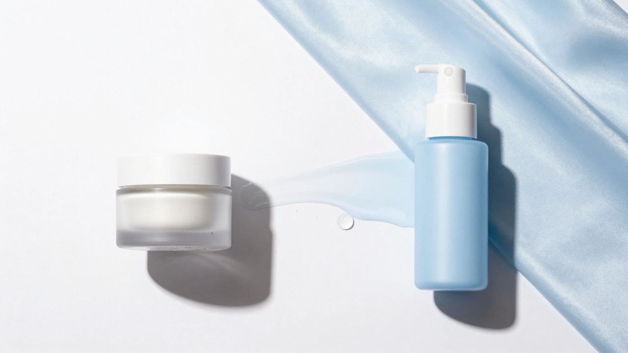 Moisturizer jar and primer bottle arranged to show skincare layering order