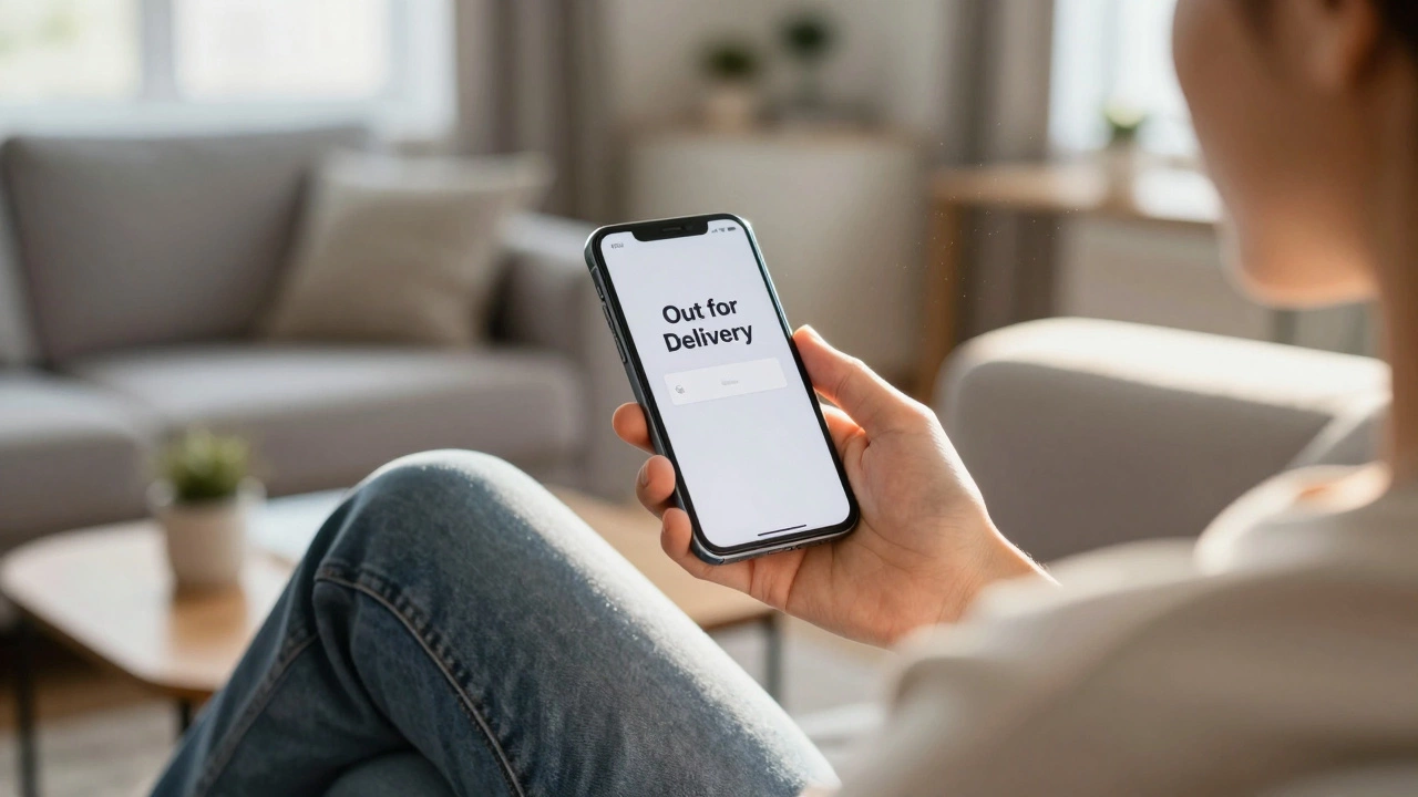 Person checking delivery status on smartphone at home