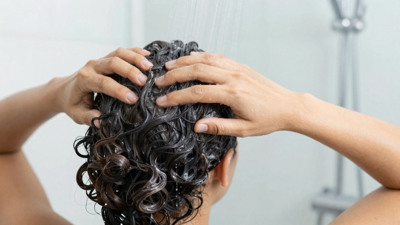 Person gently massaging scalp in shower with water cascading over curly hair.
