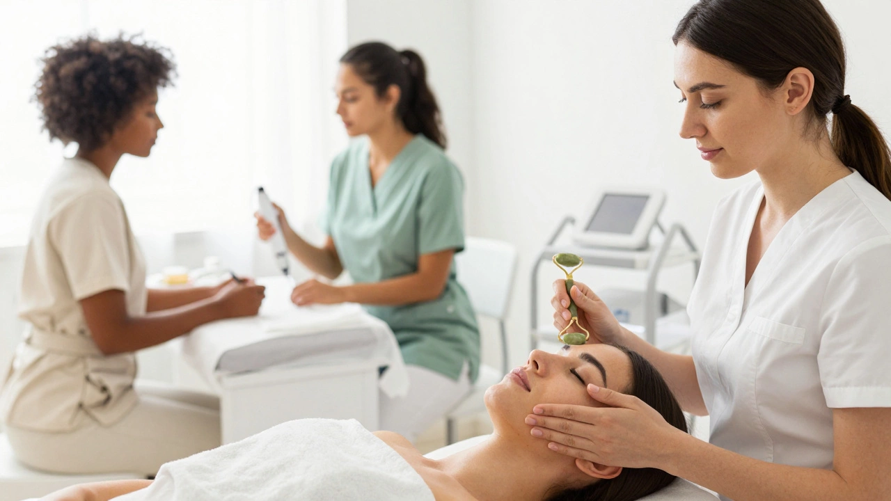 Skincare professional demonstrating facial massage with jade roller