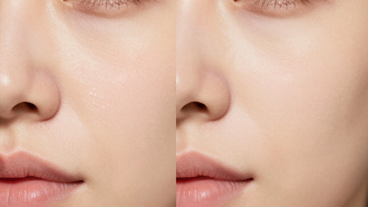 Split view comparing pilled skin texture versus smooth, primed skin