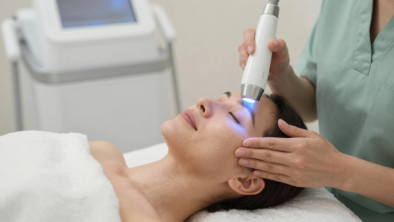 Woman receiving gentle hydrafacial treatment with hydrating mist in spa