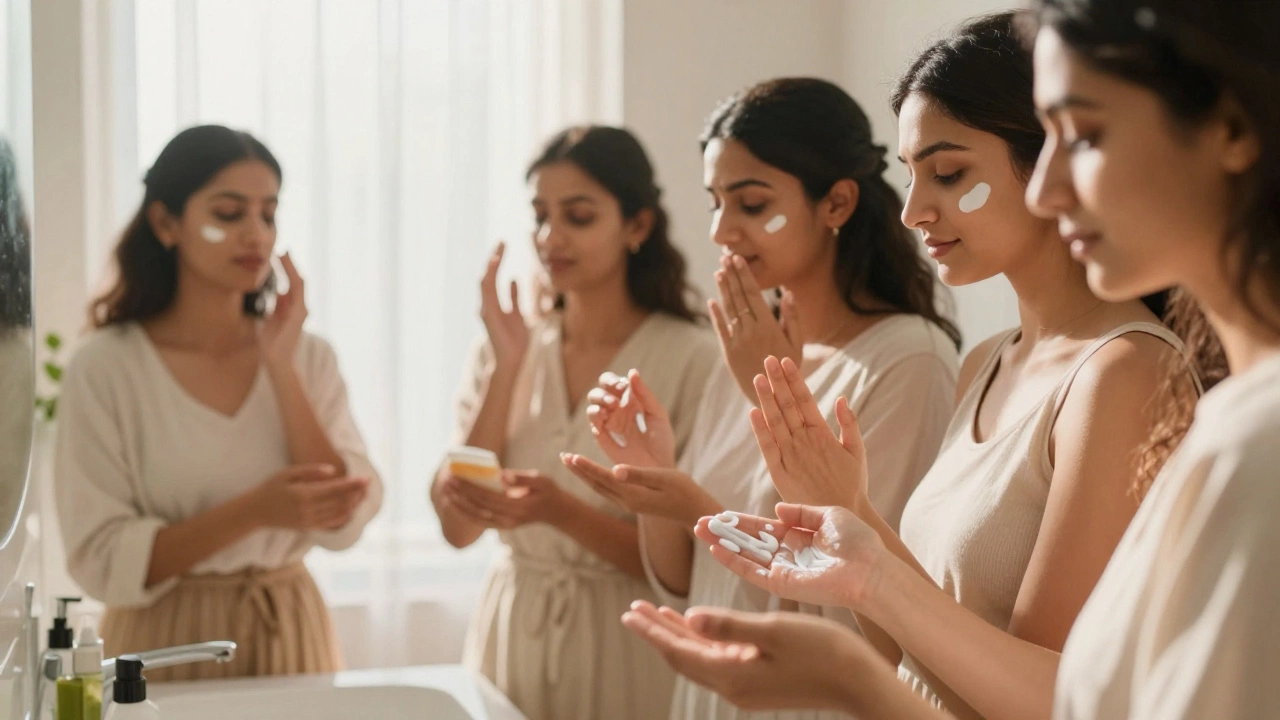Women applying sunscreen in bright morning light for skincare
