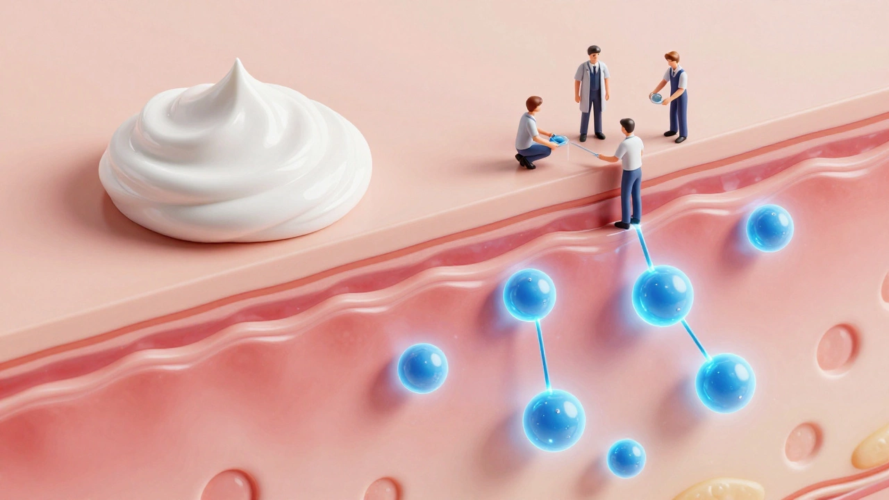 Diagram showing serum penetrating deep skin layers vs cream on surface