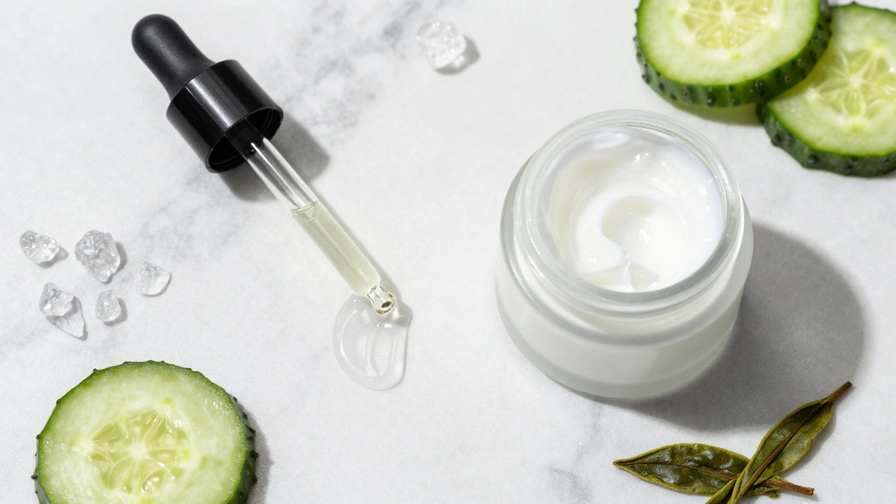 Flat lay of primer ingredients including silicone gel, hyaluronic acid, and botanicals