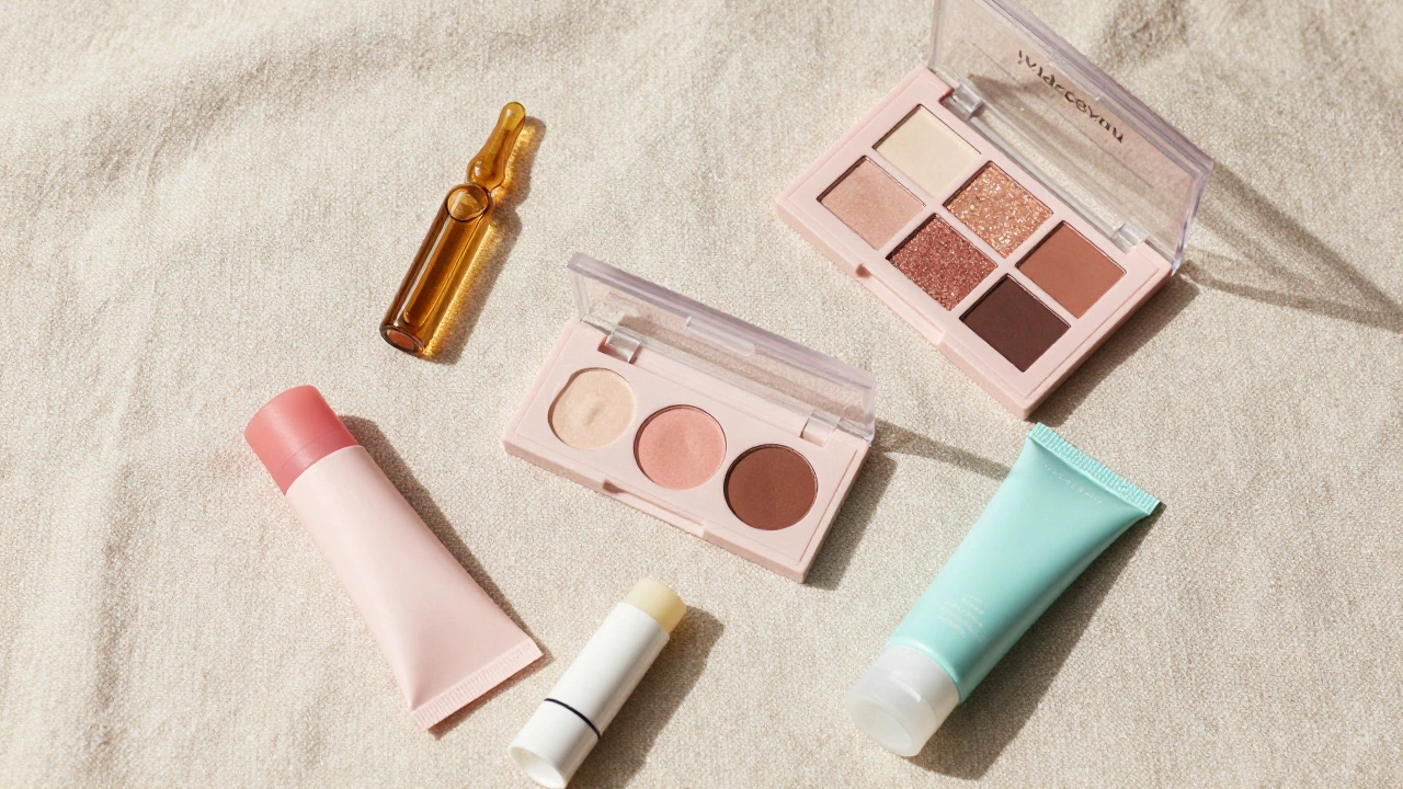 Flat lay of various sample-sized skincare and makeup products on linen