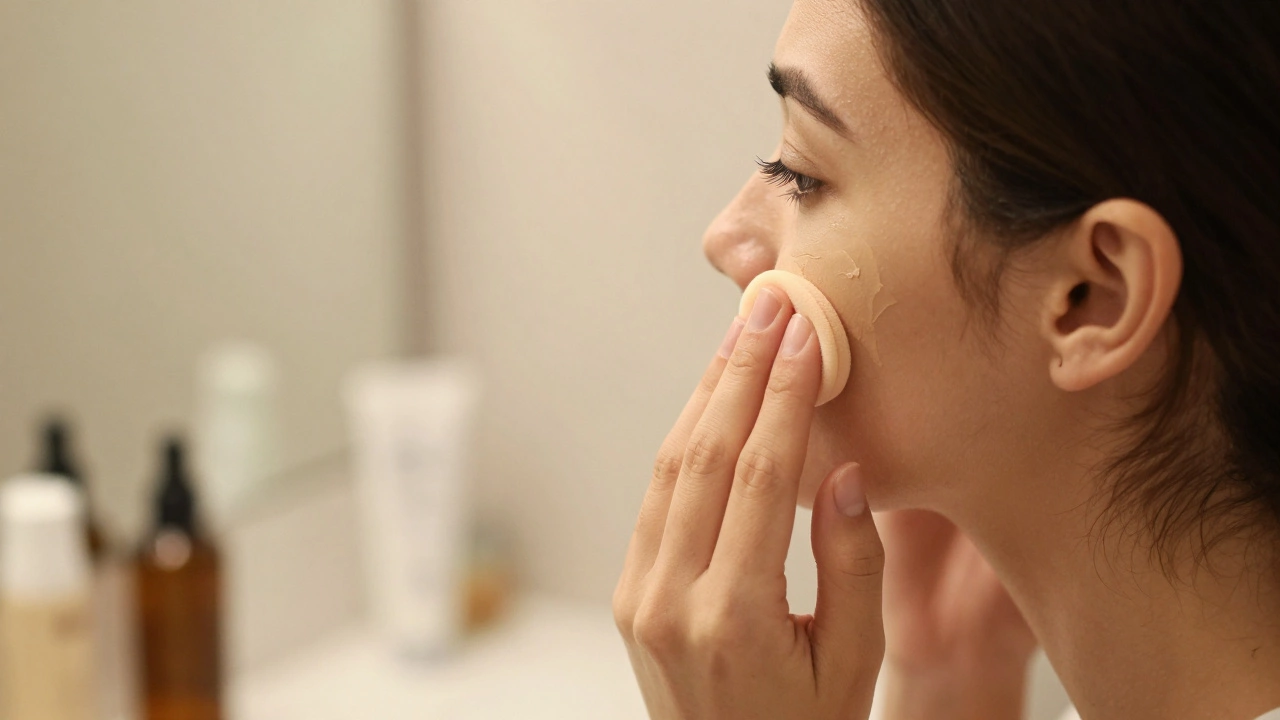 Hands applying primer to cheek with a damp sponge for proper blending