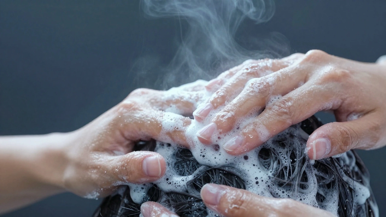 Hands massaging shampoo into scalp demonstrating proper washing technique