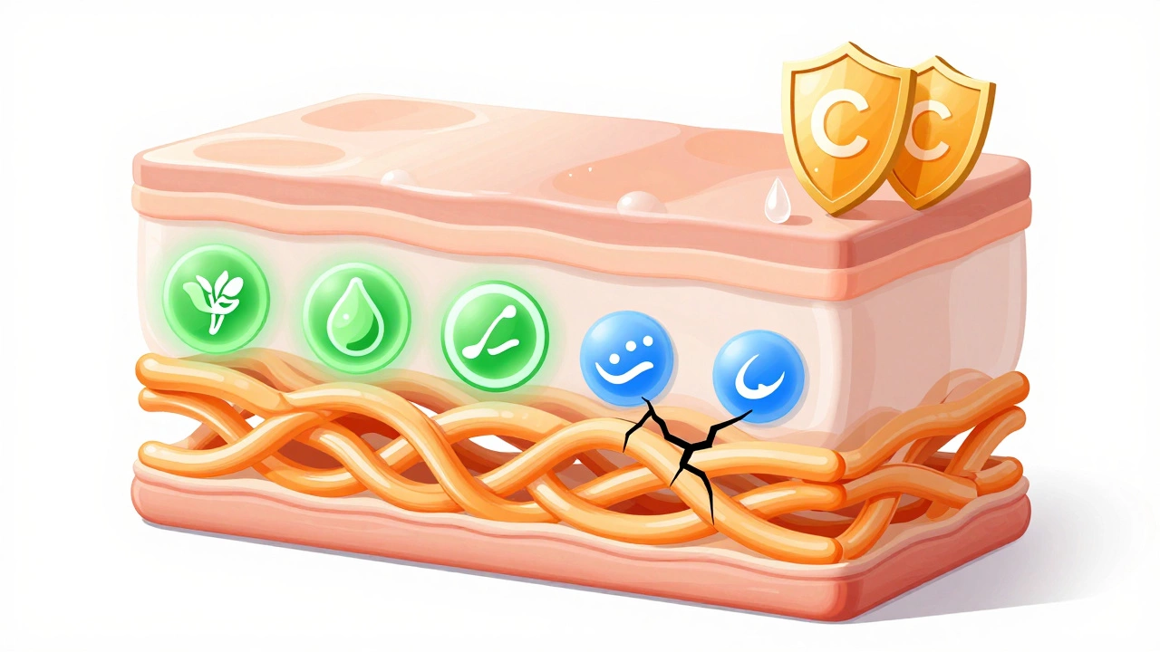Illustration of skin layers supported by gut health and collagen