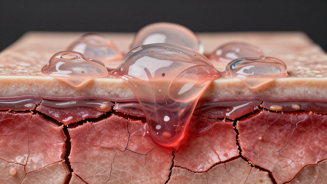 Macro view of irritated skin blocked by layers of excess product