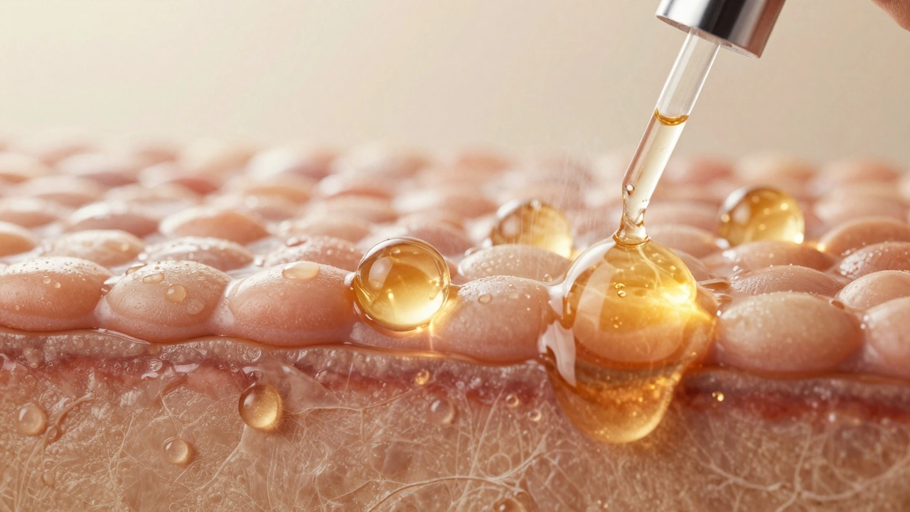 Macro view of serum absorbing into hydrated skin