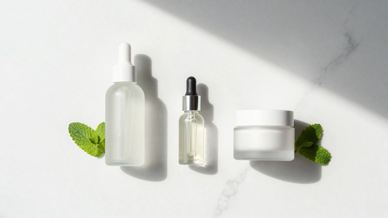 Minimalist arrangement of three essential skincare products on marble