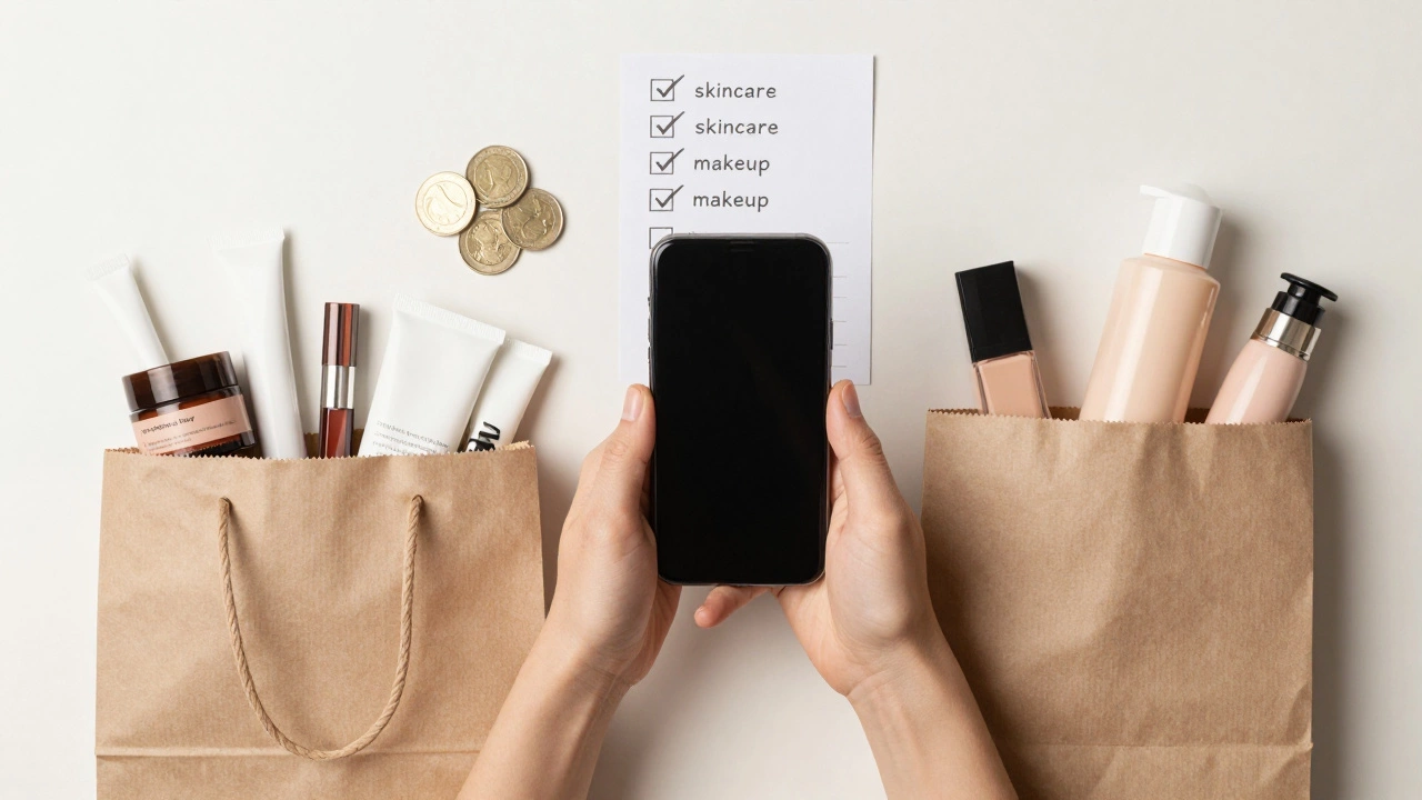 Overhead view of hands choosing between two beauty subscription boxes