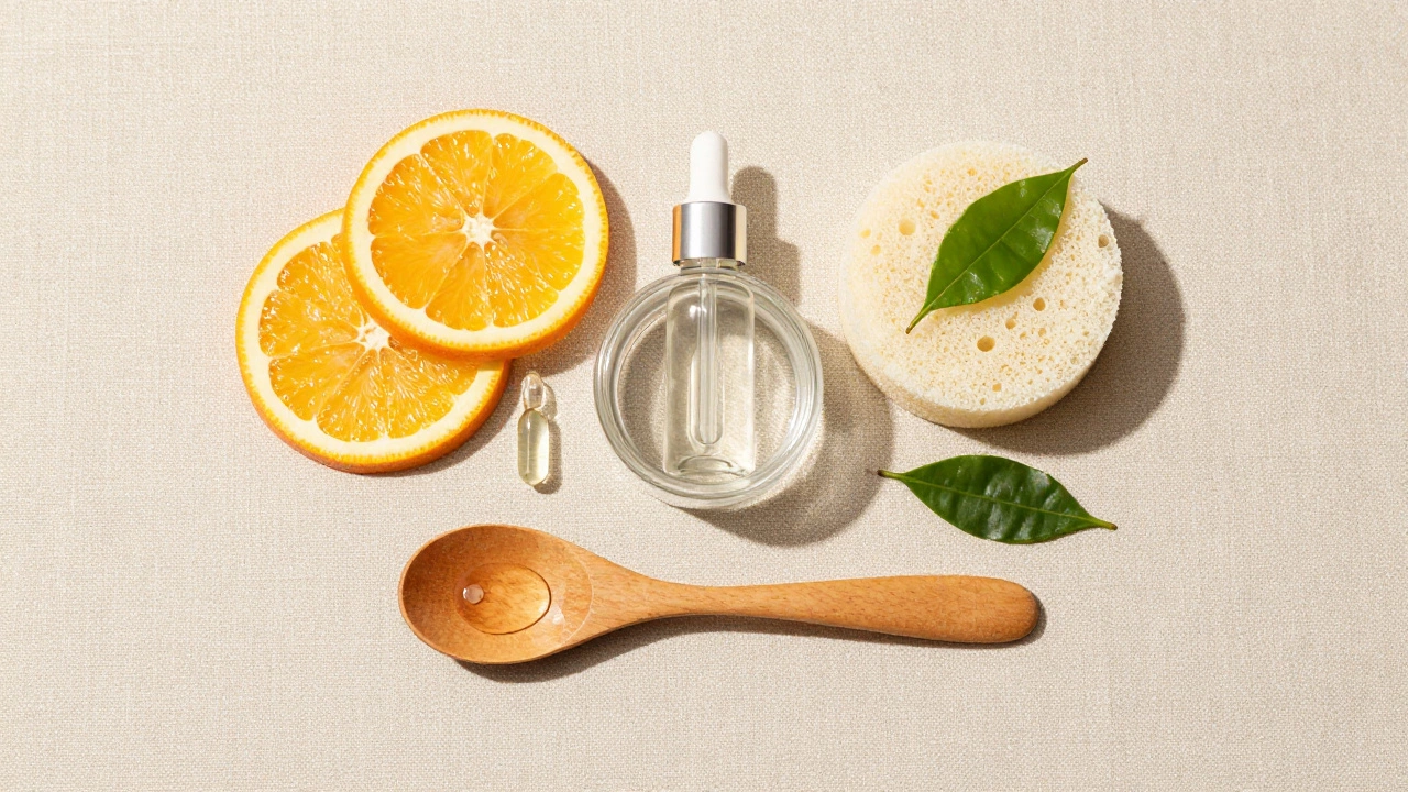 Skincare ingredients like citrus and capsules arranged on linen