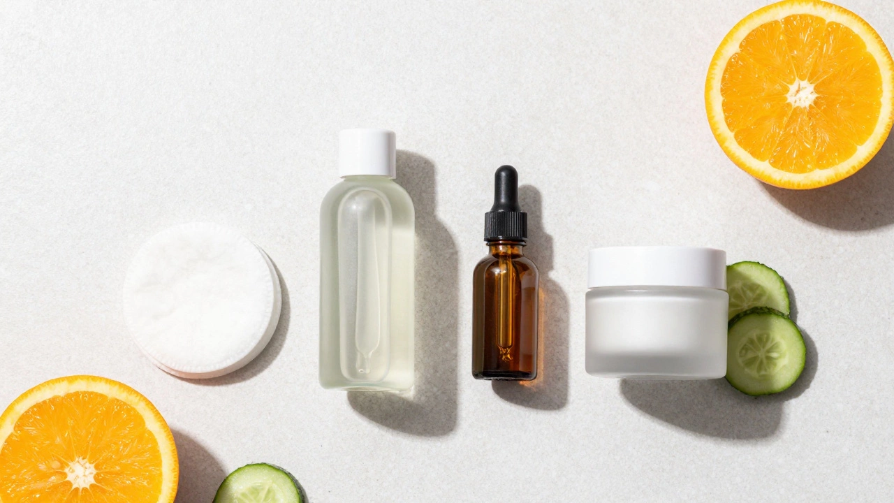 Skincare products arranged in routine order
