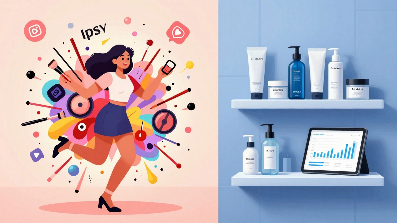 Split concept art contrasting Ipsy's colorful variety with Birchbox's curated calm