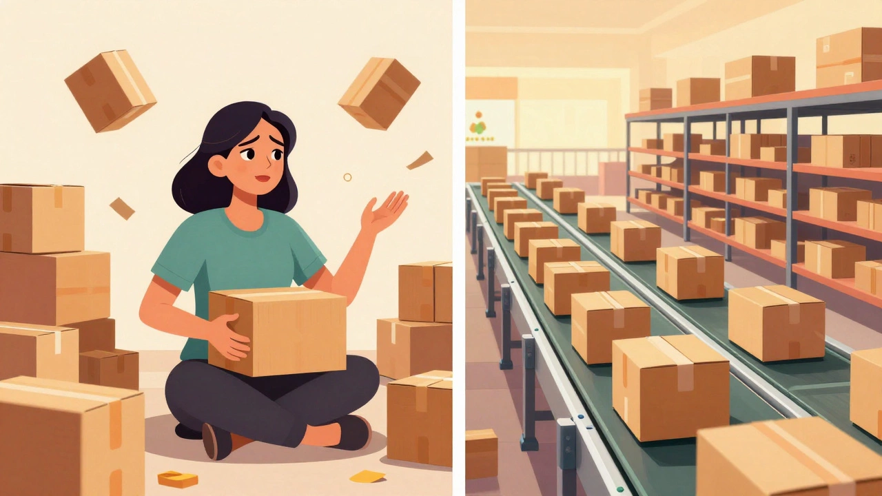 Split view of chaotic startup vs automated warehouse success