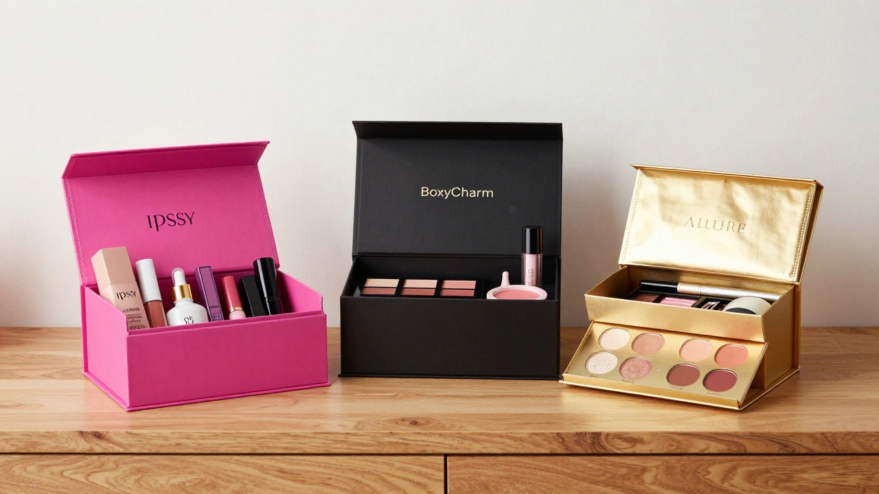Three modern beauty subscription boxes displayed on a wooden vanity