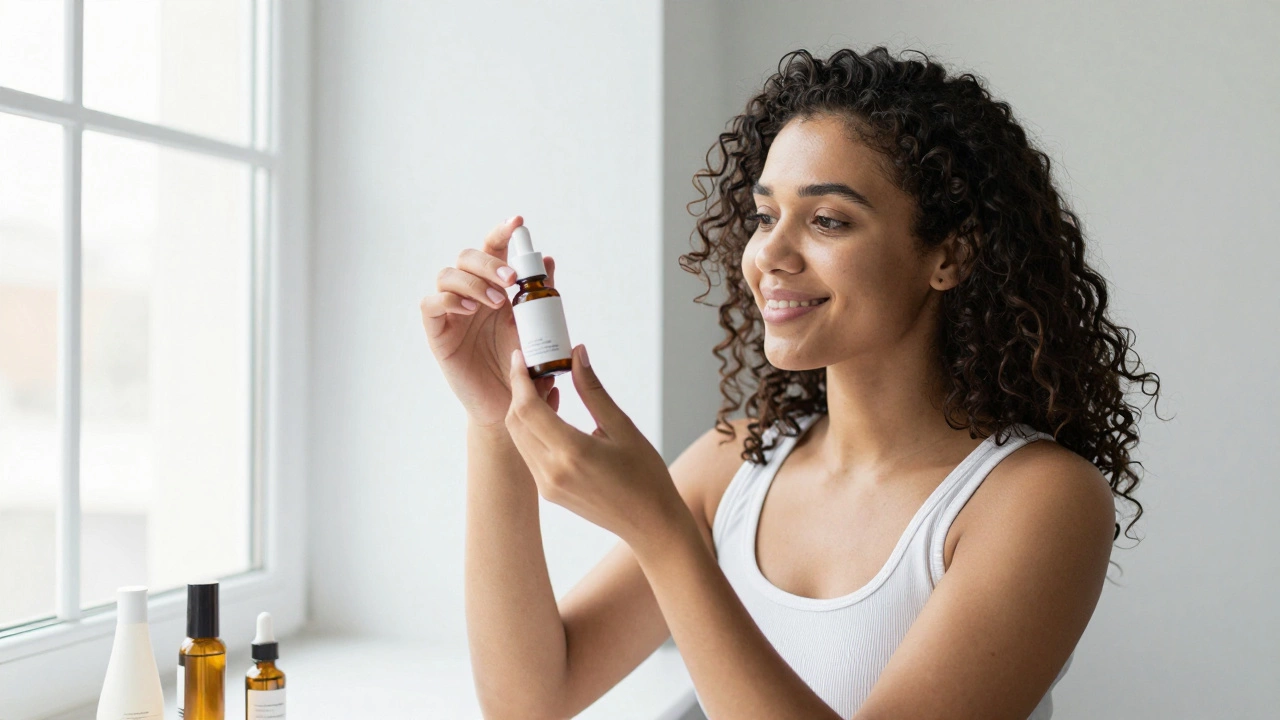 Woman examining a small sample skincare bottle with a curious smile