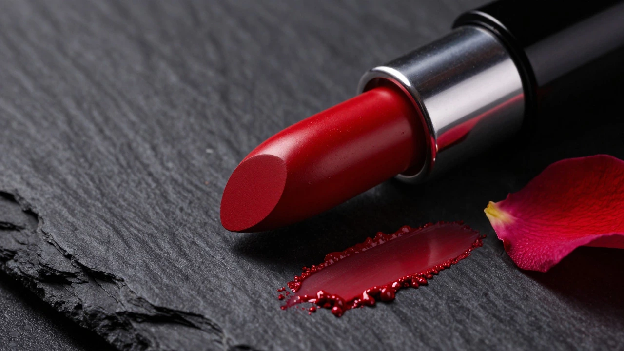 Close-up of a red lipstick bullet and pigment smear on a dark textured background.