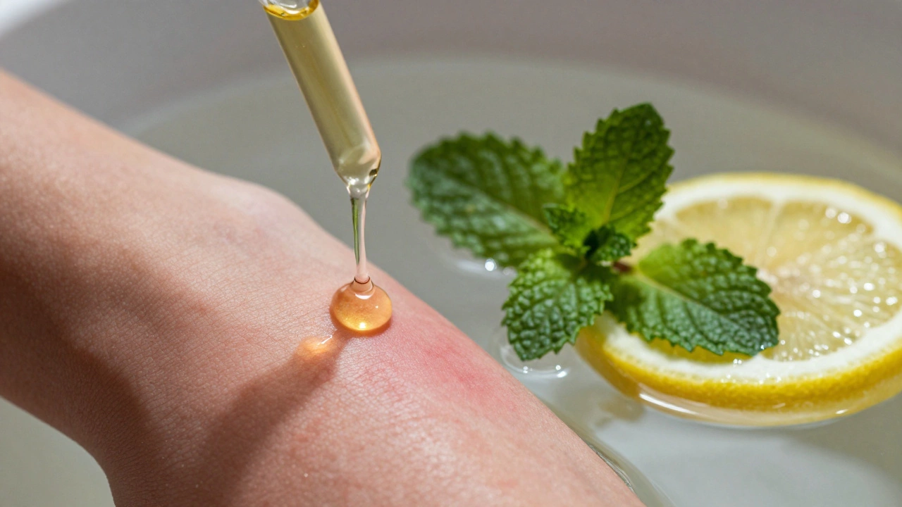 Essential oil drop near sensitive skin and citrus fruits symbolizing natural irritants.