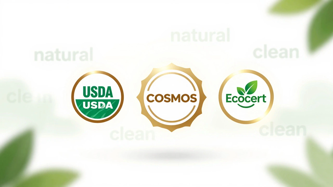Glowing certification seals floating above fading marketing terms