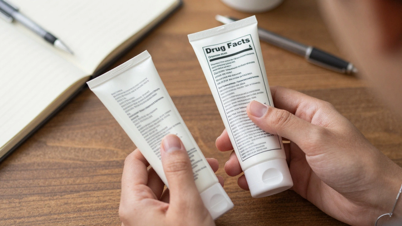 Hands comparing lotion labels with Drug Facts panel