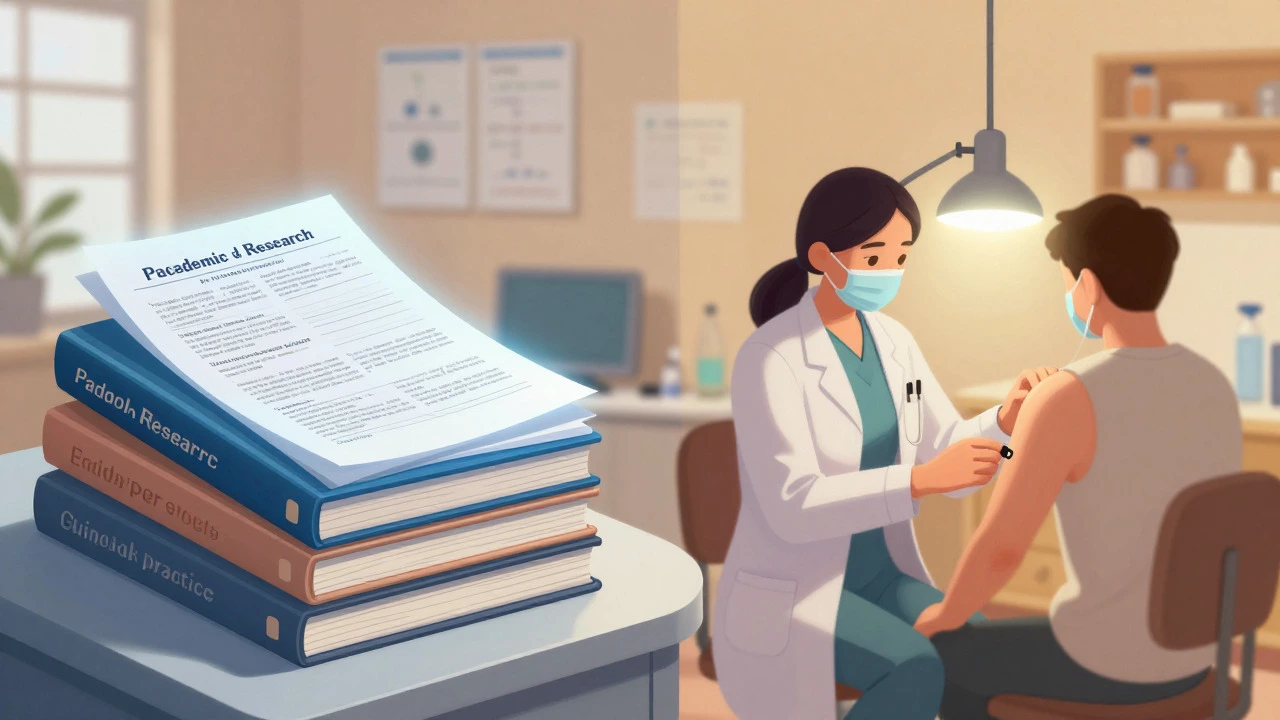 Illustration contrasting scientific journals with a doctor's office